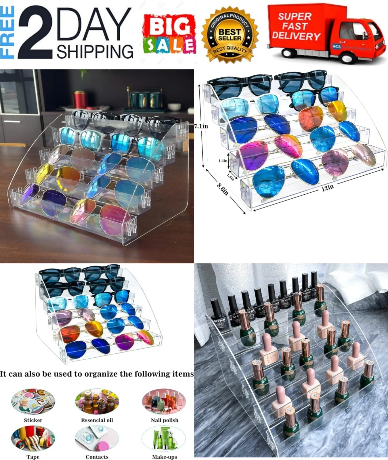 Sunglasses Organizer Clear Eyeglasses Display Case Sticker Display T...
